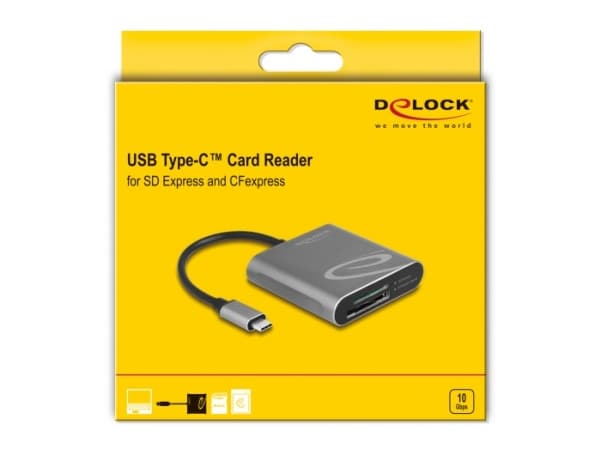 Delock - Kortinlukija (SDHC, SDXC, SDHC UHS-I, SDXC UHS-I, SDHC UHS-II, SDHC UHS-II, CFexpress 2.0 Type B, SD Express) - USB-C 3.2 Gen 2 - Windows 11