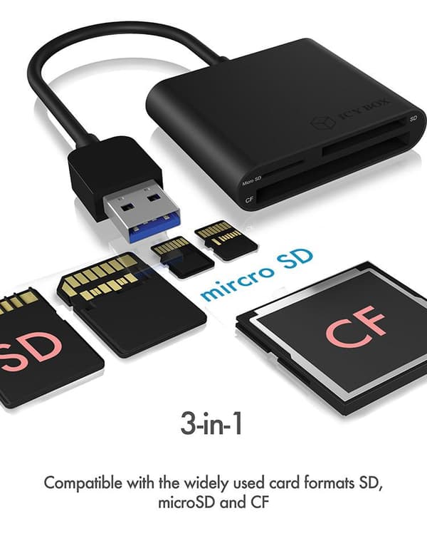 RaidSonic ICY BOX IB-CR301-U3 - kortläsare (CF I, SD, CF, microSD, SDHC, SDXC, SDHC UHS-I, SDXC UHS-I) - USB3.0 (IB-CR301-U3)