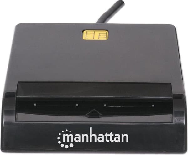 Manhattan USB-A-kontaktin älykortinlukija, 12 Mbps, kitkatyyppi yhteensopiva, ulkoinen, Windows tai Mac, kaapeli 105 cm, musta, kolmen vuoden takuu, l