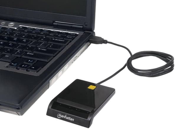 Manhattan USB-A-kontaktin älykortinlukija, 12 Mbps, kitkatyyppi yhteensopiva, ulkoinen, Windows tai Mac, kaapeli 105 cm, musta, kolmen vuoden takuu, l