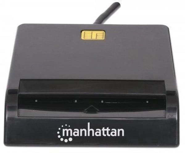 Manhattan USB-A-kontaktin älykortinlukija, 12 Mbps, kitkatyyppi yhteensopiva, ulkoinen, Windows tai Mac, kaapeli 105 cm, musta, kolmen vuoden takuu, l