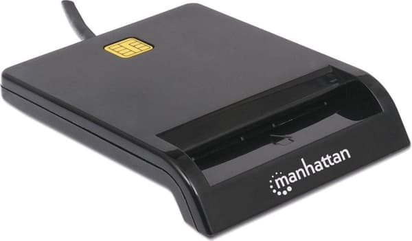 Manhattan USB-A-kontaktin älykortinlukija, 12 Mbps, kitkatyyppi yhteensopiva, ulkoinen, Windows tai Mac, kaapeli 105 cm, musta, kolmen vuoden takuu, l