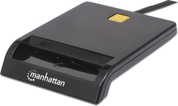 Manhattan USB-A Contact Smart Card Reader, 12 Mbps, Friktionstyp kompatibel, Extern, Windows eller Mac, Kabel 105cm, Svart, Tre års garanti, Blister Svart