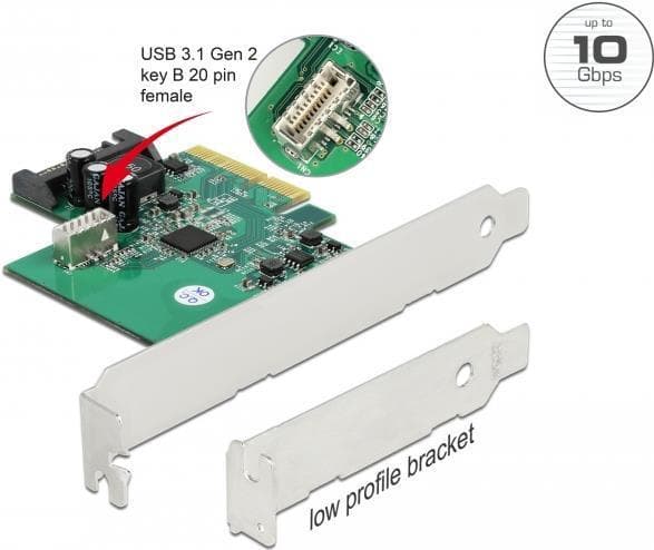 Delock - USB-adapter - PCIe 3.0 x4 lav profil - USB 3.2 Gen 2 (intern) x 1 (90068) Grøn, Grå