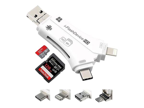 CoreParts - Kortläsare (SD, microSD) - Lightning/USB 2.0/USB-C/micro USB Vit