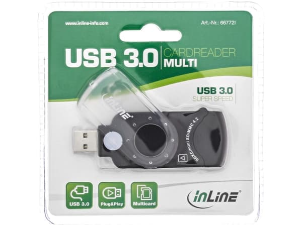InLine 66772I, MMC, MMC Mobile, MMC+, MMCmicro, MicroSD (TransFlash), MicroSDHC, MicroSDXC, MiniSD, MiniSDHC,..., Svart, 5000 Mbps, USB 3.2 Gen 1 (3.