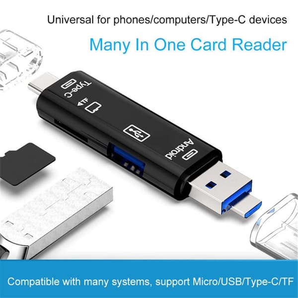 5 i 1 multifunktions Micro USB Type-C TF-kortlæser OTG-adapter