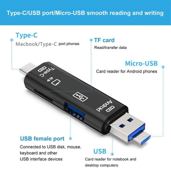 5 i 1 multifunktions Micro USB Type-C TF-kortlæser OTG-adapter