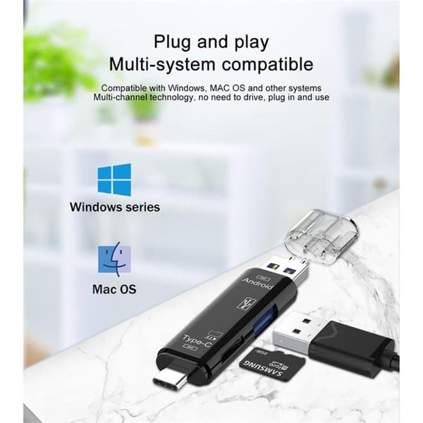 5 i 1 multifunktions Micro USB Type-C TF-kortlæser OTG-adapter