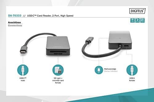 Digitus USB-C kortläsare - 2 portar - Höghastighets - MicroSD (TransFlash) - MicroSDHC - MicroSDXC - SD - SDHC - SDXC - Grå - 300 Mbit/s - Aluminium -