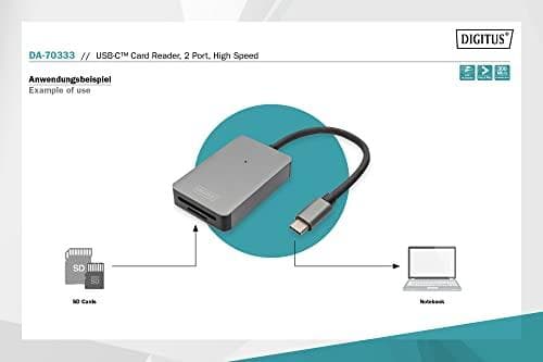 Digitus USB-C kortläsare - 2 portar - Höghastighets - MicroSD (TransFlash) - MicroSDHC - MicroSDXC - SD - SDHC - SDXC - Grå - 300 Mbit/s - Aluminium -