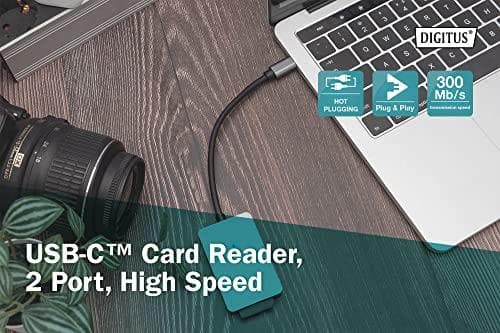 Digitus USB-C kortläsare - 2 portar - Höghastighets - MicroSD (TransFlash) - MicroSDHC - MicroSDXC - SD - SDHC - SDXC - Grå - 300 Mbit/s - Aluminium -