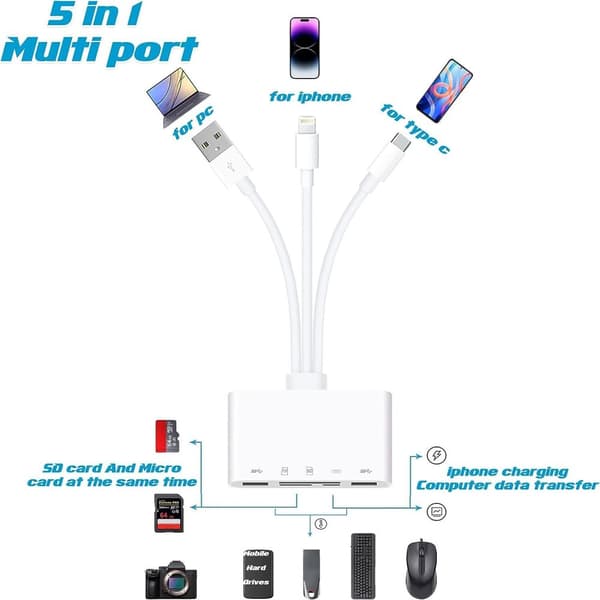 NÖRDIC USB-A, USB-C og Lightning-kortleser 2 kortspor SD, MicroSD 2xUSB-A 3.0 1xLightning UHS-I
