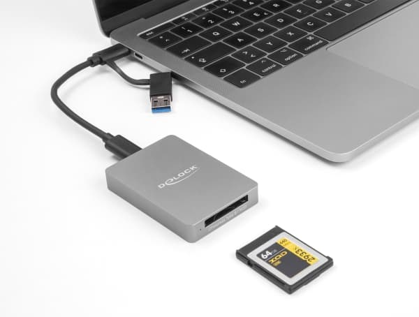 Delock USB Type-C-kortinlukija alumiinikotelossa CFexpress- tai XQD-muistikortteja varten