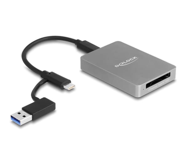 Delock USB Type-C-kortinlukija alumiinikotelossa CFexpress- tai XQD-muistikortteja varten