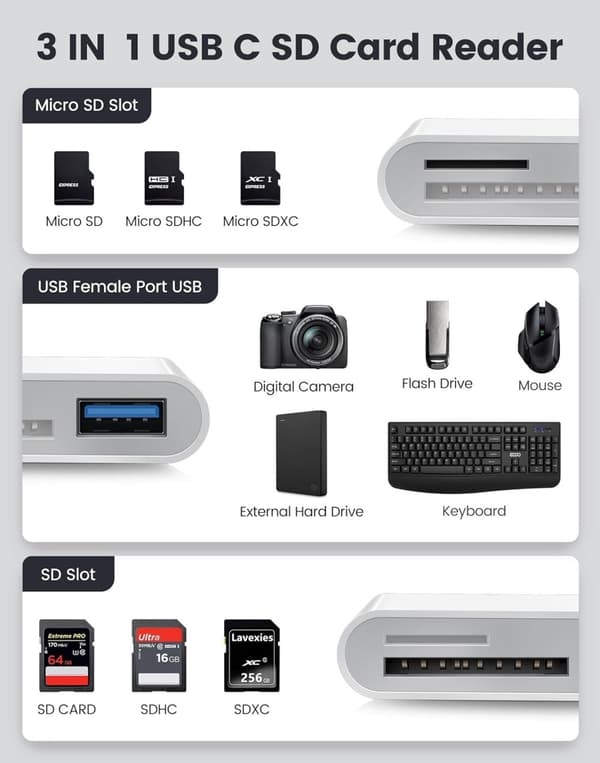 NÖRDIC USB-C kortleser 2 spor SD, MicroSD, 1xUSB-A 3.0 UHS-I