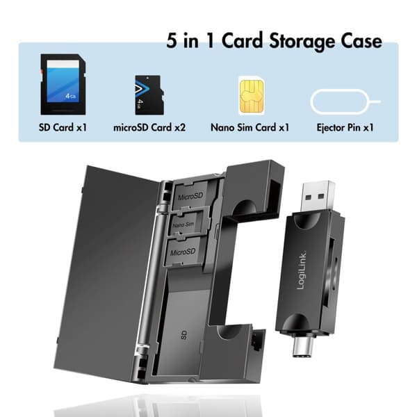 LogiLink Minneskortsläsare USB-C + USB-A MicroSD - och SD-kort inkl. förvaring
