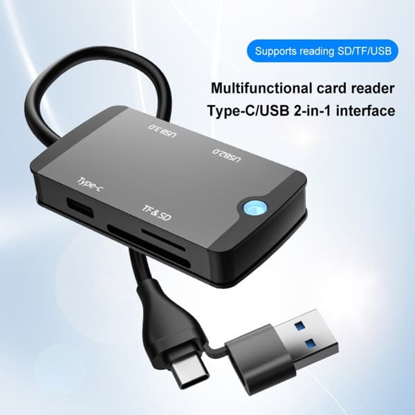 NÖRDIC 1 til 5 USB-dockingstation og kortlæser - SD, MicroSD/TF, 2x USB-A, 1xUSB-C