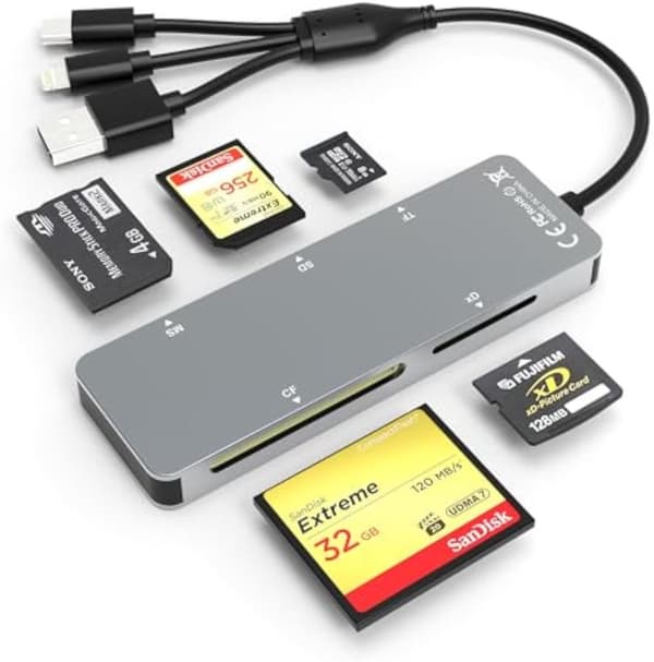 NÖRDIC USB-A, USB-C, Lightning Kortläsare 5 Slot CF, SD, MicroSD, MS ...