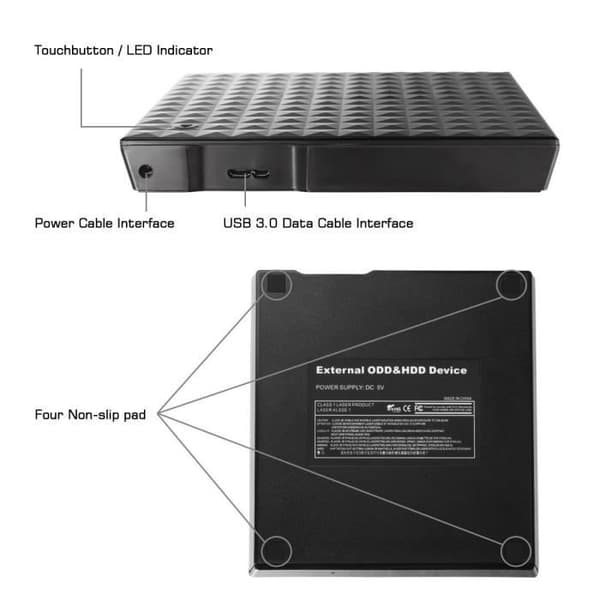 Extern DVD-brännare - Windows &amp; Mac-kompatibel - USB 3.0 - Svart - Stöder DVD/CD-RW