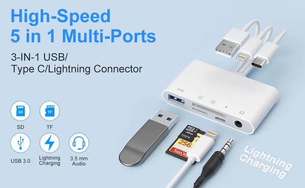 NÖRDIC USB-A, USB-C, Lightning-kortleser 2 spor SD, MicroSD 1xUSB-A, 1xAUX, 1xLightning-lading UHS-I