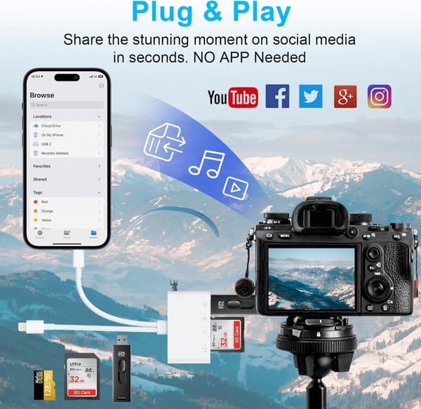 NÖRDIC USB-C, Lightning-kortlæser 2 SD-slot, MicroSD 1xUSB-A, 1xUSB-C UHS-I
