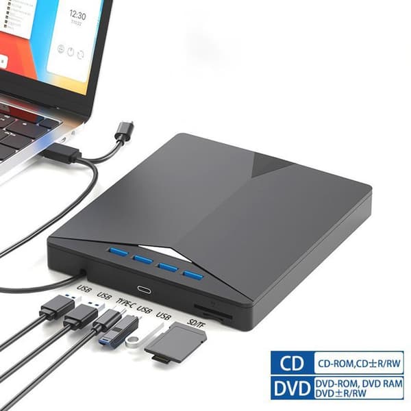 Extern DVD/CD-ROM-läsare och brännare - Svart, med SD/TF-kortläsare och USB - för Windows 7/8/10/Vista/XP/Mac OS