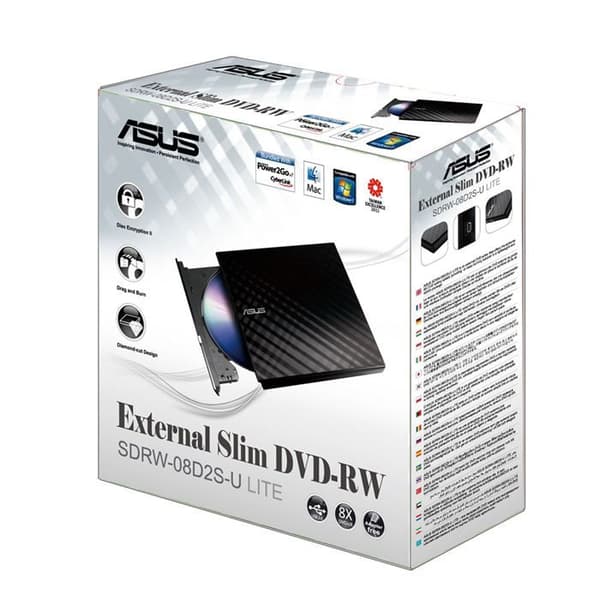 Asus SDRW-08D2S-U Smal svart extern DVD-brännare - USB 2.0 - Skivkryptering och dra-och-bränning