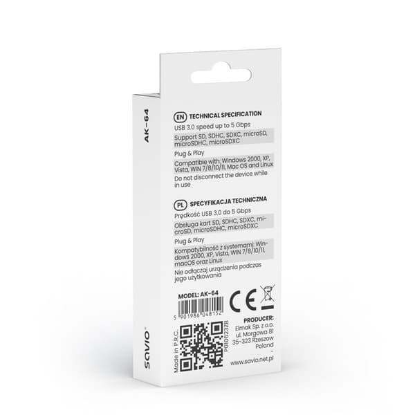SAVIO SD-kortlæser, USB 3.0, AK-64