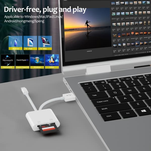 Minnekortleser med Lightning, USB og MicroUSB - 3-i-1-løsning for filoverføring