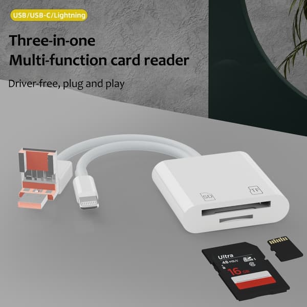 Minnekortleser med Lightning, USB og MicroUSB - 3-i-1-løsning for filoverføring