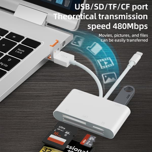 Hukommelseskortlæser med Lightning, USB, MicroUSB og USB-C - hurtig filoverførsel og fleksible tilslutningsmuligheder