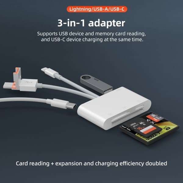 Hukommelseskortlæser med Lightning, USB, MicroUSB og USB-C - hurtig filoverførsel og fleksible tilslutningsmuligheder