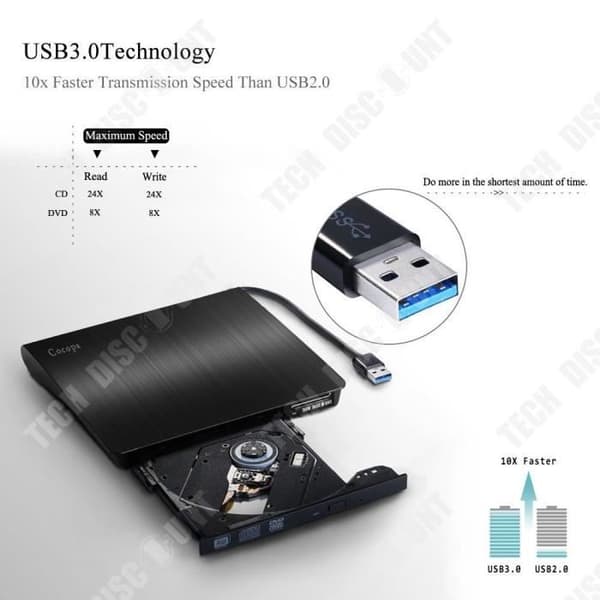 Extern DVD-brännare - TD® - USB3.0 - Ultratunn - Plug and Play - Svart