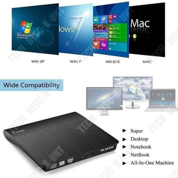 Extern DVD-brännare - TD® - USB3.0 - Ultratunn - Plug and Play - Svart