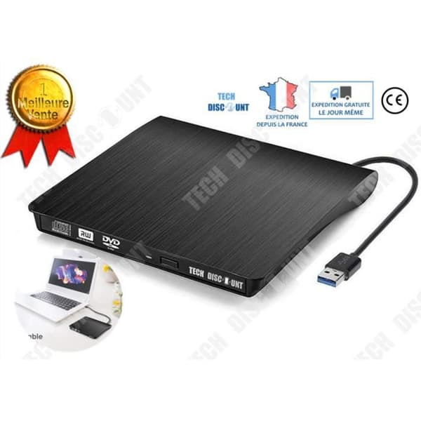 Extern DVD-brännare - TD® - USB3.0 - Ultratunn - Plug and Play - Svart