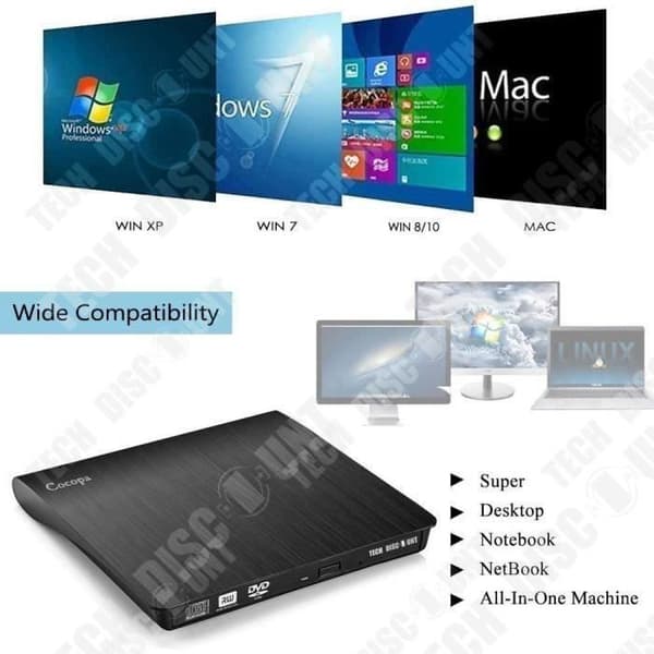 DVD-brännare - TD® - USB 3.0 - Plug and Play - Svart - Ultratunn