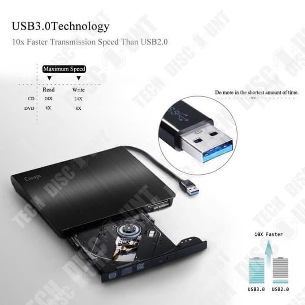 DVD-brännare - TD® - USB 3.0 - Plug and Play - Svart - Ultratunn
