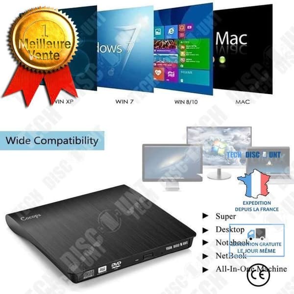 DVD-brännare - TD® - USB 3.0 - Plug and Play - Svart - Ultratunn