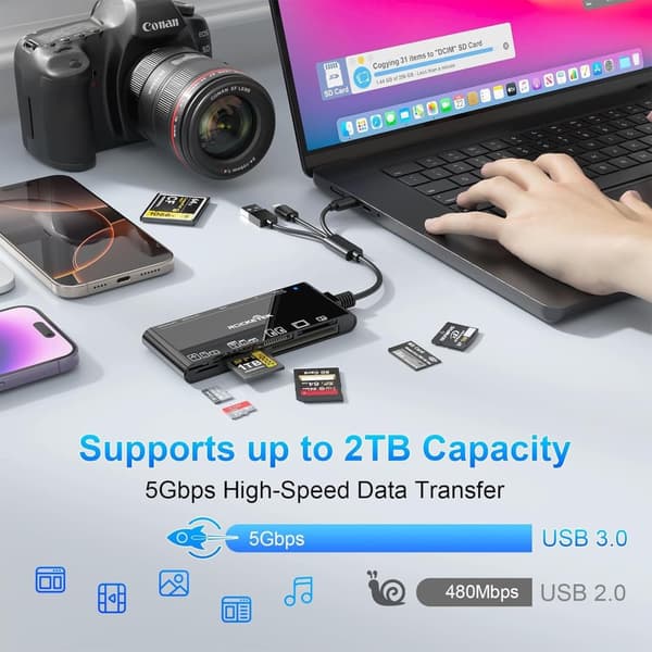 NÖRDIC USB-A, USB-C, Lightning USB3.0 Multi-Kortläsare 7 Slot 1xCF, 2xSD, 2xMicroSD, 1xMS, 1xXD UHS-I
