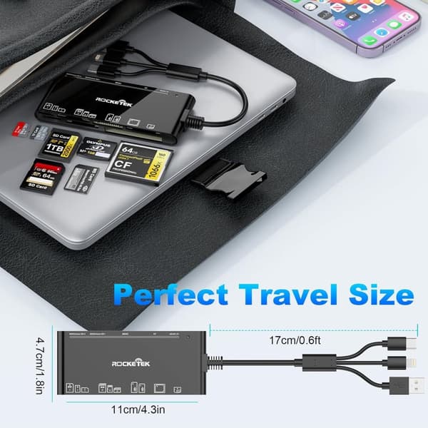 NÖRDIC USB-A, USB-C, Lightning USB3.0 Multi-Kortläsare 7 Slot 1xCF, 2xSD, 2xMicroSD, 1xMS, 1xXD UHS-I