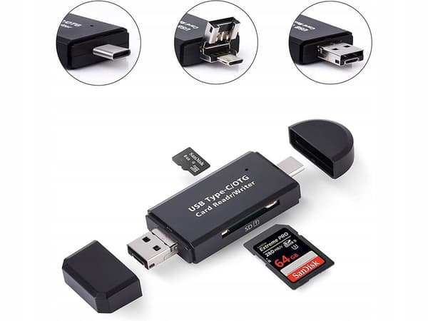 3-i-1 SD-kortleser USB, USB-C & Micro USB