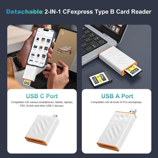 NÖRDIC USB-C & USB-A Card Reader CFexpress Type B 10Gbps USB 3.2 Gen 2 Compatible with Windows/Mac/Linux/Android