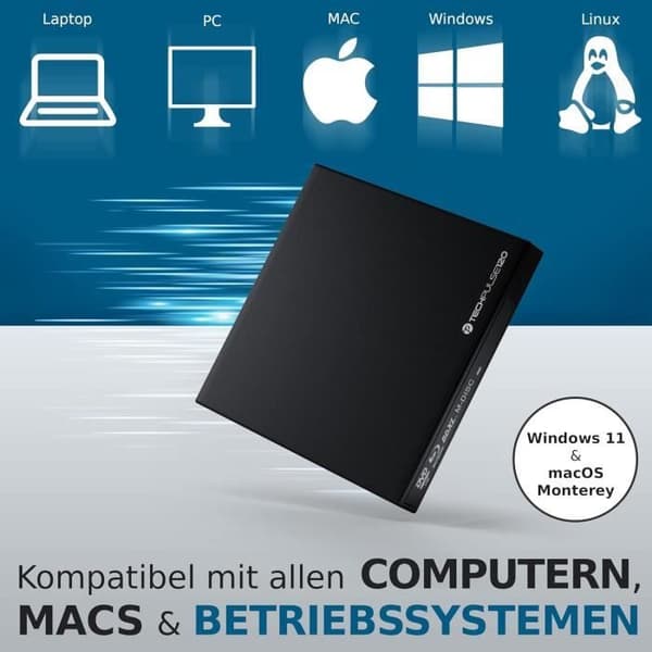 Extern Blu-Ray-brännare - TECHPULSE120 - Ultra Slim - USB 3.0 - Kompatibel med Windows, Mac, Linux