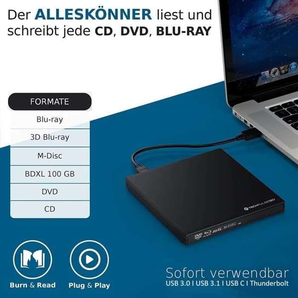 Extern Blu-Ray-brännare - TECHPULSE120 - Ultra Slim - USB 3.0 - Kompatibel med Windows, Mac, Linux