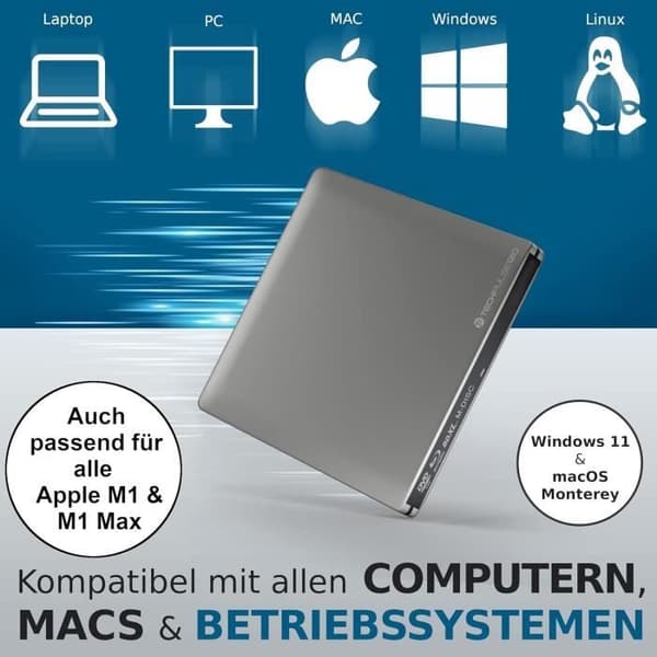 Extern Blu-Ray-brännare - techPulse - Aluminium - USB 3.0 - Kompatibel med Windows och Mac - 3D BDXL