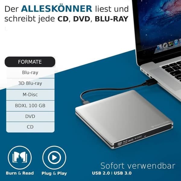 Extern Blu-Ray-brännare - techPulse - Aluminium - USB 3.0 - Kompatibel med Windows och Mac - 3D BDXL
