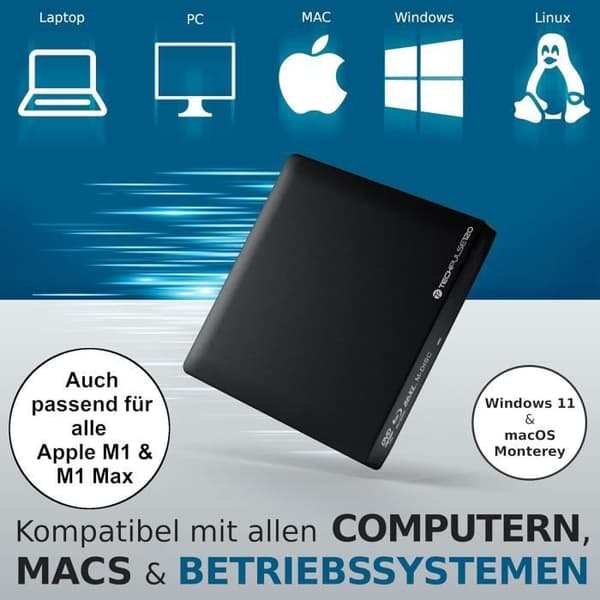 Extern Blu-Ray-brännare - techPulse - BDXL - Svart aluminium - USB 3.0 - Portabel