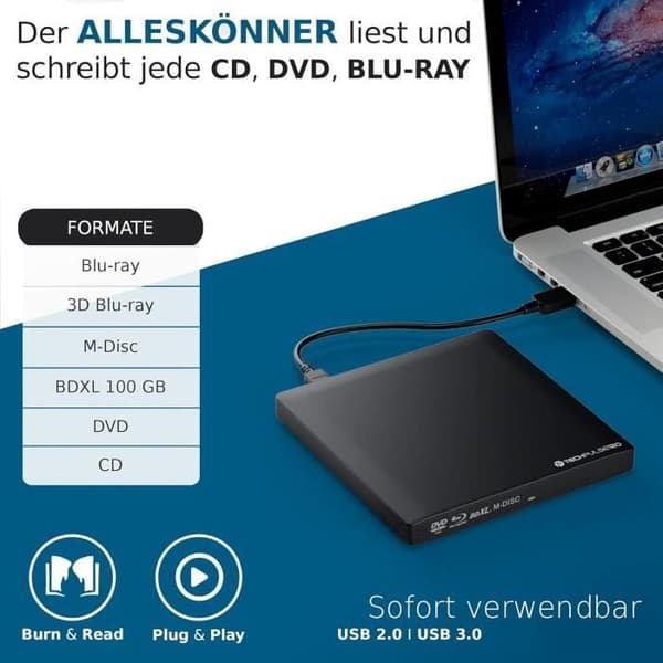 Extern Blu-Ray-brännare - techPulse - BDXL - Svart aluminium - USB 3.0 - Portabel