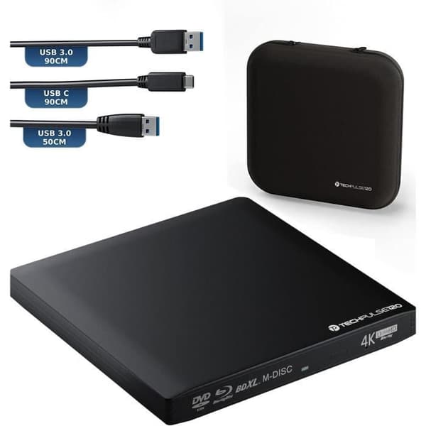 techPulse120 USB 3.0 Type-C CD/DVD-brännare i aluminium för dator, bärbar dator UHD Blu-Ray-brännare USB xDeluxe-paket
